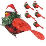 BANBERRY DESIGNS Christmas Cardinal Clip On Ornaments - Set of 6 Rustic Burlap Birds Red with Santa Hats - Red and Black Buffalo Plaid Body with Greenery - Approx. 3.5 Inches with Silver Clips