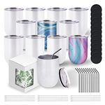 BetterSub 12oz Sublimation Straight Wine Tumblers Blanks Double Wall Insulated Stainless Steel Tumblers Bulk Sublimation Wine Tumbler Cup with Lid, Metal Straw, Brush, Display Box, 12 Pack White