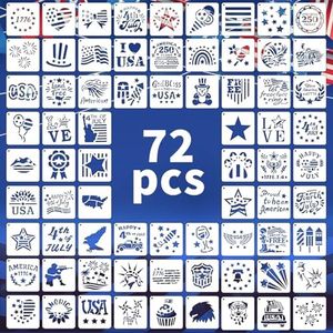 72 PCS 3x3 Inch Independence Day Stencils for Painting - Reusable USA Flag Patriotic Painting Templates, Red White and Blue Party Supplies for 4th of July Memorial Day Painting Stencil