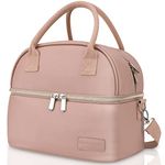 Baloray Lunch Bag for Women Men, Double Deck Box Girls Boys, PU Leather Tote Insulated Bags with Strap Work Office Picnic (Pink)