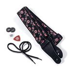 KLIQ Vintage Woven Guitar Strap for Acoustic and Electric Guitars + 2 Free Rubber Strap Locks, 2 Free Guitar Picks and 1 Free Lace | '60s Jacquard Weave Hootenanny Style | Pink Wildflower