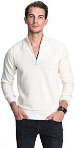 State Cashmere Men's Half Zip Mock Neck Sweater 100% Pure Cashmere Polo Neck Pullover (Undyed White, X-Large)