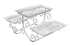 Godinger Silver Art Dublin 3 Tiered Glass Buffet Serving Tray - Chrome Plated Platter Stand with Starburst Design - Party and Event Dessert and Food Display Server