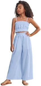 Floerns Girl's 2 Piece Set Ruffle Trim Cami Tops with Paperbag Waist Wide Leg Pants Blue 8Y