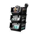 St@llion Set of 3 Small Black Plastic Stackable Basket Multi-Purpose Storage Kitchen Shelves Veg Rack Fruit Storage Stand Stacking Shelves Stationary Basket (Pack of 1)