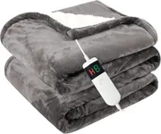 Cushious Heated Electric Blanket Throw 130x160cm, 10 Settings Heating,1-8h Timer Auto-Off, Overheat Protection, Machine Washable, Flannel and Sherpa Heated Blanket for Sofa Bed, Office