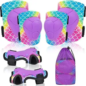 Knee Pads for Kids Adjustable Protective Gear Set with Mesh Bag Knee Pads and Elbow Pads Wrist Guard for Girls Kids Roller Skates Cycling Skateboard Scooter, 3-8 Years, Mermaid