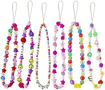 Vatogon Beaded Phone Strap Y2K Beaded Phone Charms Smiley Face Fruit Star Letter Pearl Handmade Rainbow Acrylic Polymer Clay Beads Keychain for Women Girls (6Pcs-B)