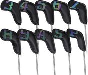 Scott Edward 10 Pcs Leather Iron Golf Head Covers Strong Magnetic Closure Long Neck Protect Club Clearly Number Tag 3-9/A/P/S (Gradient Leather Black)