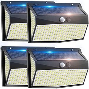 318 LED Solar Outdoor Lights Motion Sensor with 3 Lighting Modes, 270° Wide Angle Lighting, IP67 Waterproof. Wireless Security Solar Powered Flood Lights for Outside Fence Wall Yard(6500K, 4 Pack)