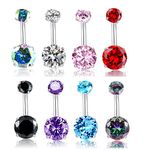 HQLA 14G Belly Button Rings Surgical Stainless Steel Round Cubic Zirconia Navel Barbell Stud Body Piercing (8Pcs), Stainless Steel