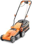 LawnMaster 1400W Electric Lawn Mower with 34cm cutting width, ideal for small to medium sized lawns. With 6 adjustable cutting heights and rear roller for striped finish, 2 year guarantee