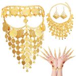 6 Pcs Belly Dancer Jewelry Set Gold Coins Veil Necklace Earrings and Bracelet with Finger Nails Gypsy Egyptian Belly Dancing Outfit for Women Halloween Dance Accessories