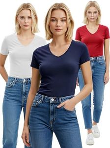 Emmalise Women's Plain Short Sleeve V Neck T Shirt(3P-Nvy/Red/Wht-3X)
