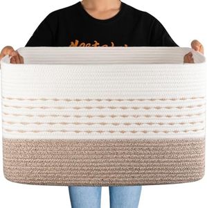 OIAHOMY Large Blanket Basket, 22”x17”x12” Rectangle Woven Baskets, Nursery Blanket Storage Living Room, Toy Storage With Handle, Large Baskets for Organizing-Gradient Light Brown
