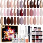 Modelones Dip Powder Nail Kit Starter, 20 Colors Skin Nude Brown Glitter, Acrylic Dipping Powder Liquid Set with Base/Top Coat Activator Brush Saver for Daily French Manicure DIY Gift 32 Pcs