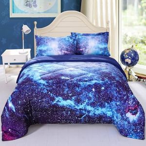 Wowelife Galaxy Bedding Comforter Set Full 5 Pieces Blue Outer Space Kids Full Size Comforter Bed Set for Teen Boys Girls Lightweight with Comforter, Flat Sheet, Fitted Sheet and 2 Pillowcases, Blue