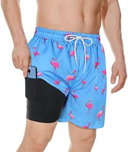 Men's Swim Trunks Mens Bathing Suit Mens Swim Trunks with Compression Liner Beach Shorts for Men Sky Blue Flamingo M