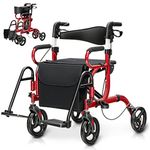 GOFLAME 2-in-1 Rollator Walker for Seniors, Folding Transport Chair with Seat, Reversible Backrest, Storage Bag, Height Adjustable Handle, Umbrella Holder & Pedal, 4 Wheel Mobility Walking Aid, Red