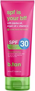 b.tan sunscreen spf 30. spf is your bff SPF30. cruelty-free, vegan & reef-friendly. lightweight, sheer sunscreen for all skin types. broad spectrum protection with a hydrated matte finish. 7 fl oz