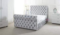 Chesterfield Sleigh Bed in Crushed Velvet |Bed Frame Only (King 5FT, Silver)