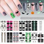 EBANKU 14 Sheets Halloween Full Wrap Adhesive Nail Polish Stickers Glow in The Dark, Cute Ghost Bats Spider Webs Skeleton Nail Strips Wraps with Nail File for Party Decor