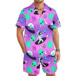 Artsadd 80s 90s Outfits for Men Hawaiian Shirt and Short Set Beach Party Outfit, Alien, Medium