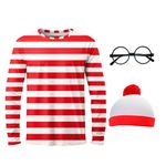 Adult Red and White Striped Shirt Men Women's Funny Halloween Costumes Shirt Hat Socks and Glasses (Men, Large)