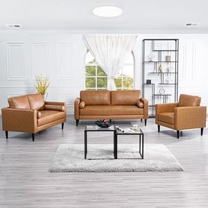 Naomi Home Genuine Leather Upholstered Sofa Set - Revel in Exquisite Leather Opulence - Unparalleled Luxury Mid-Century Leather Chair/Loveseat/Sofa Tan