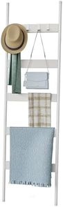 Blanket Ladder, 5-Tier Towel Holder with 4 Removable Hooks, Farmhouse Wall Leaning Decorative Rack Shelf, Wooden Towel Display Rack, Quilt Ladder for Living Room, Bedroom, White