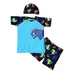 Bubble Berry Swimming Costume for Boys I T-Shirt Shorts and Cap Three-Piece Swimsuit | 3 to 10 Years (7-8 Year, Blue Dino 1)