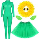 Haysandy 5 Pcs Sunflower Halloween Costumes for Women Cosplay Funny Green Bodysuit Skirt Yellow Hood Headpiece Headgear Sunflower Glasses Leaf Glove Party Performance Prop Accessory