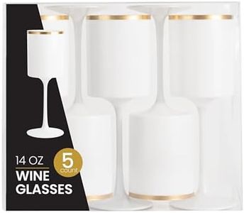 PLASTICPRO 10 Pack Plastic Wine Goblets 14 oz Disposable Wine Glasses with Stem Reusable Hard Plastic Drinking Glasses for Parties Weddings, White with Gold Rim
