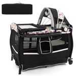 COSTWAY 4 in 1 Foldable Travel Cot, Portable Baby Bed Playard with Bassinet, Changing Table, Canopy, Music Box, Wheels, Carry Bag, Storage Rack, Nursery Center for Newborn Toddlers (Black+Dot)