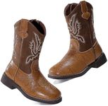 DADAWEN Boys Girls Cowboy Boots Embroidery Glitter Mid Calf Square Toe Kids Western Cowgirl Boots Riding Shoes (Toddler/Little Kid/Big Kid) Brown US Size 1.5 M Little Kid