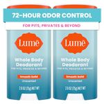 Lume Whole Body Deodorant - Smooth Solid Stick - 72 Hour Odor Control - Aluminum Free, Baking Soda Free and Skin Safe - 2.6 Ounce (Pack of 2) (Unscented)