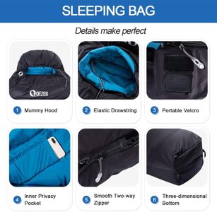 QEZER 4-Season Down Sleeping Bag – Black, Lightweight Camping Gear