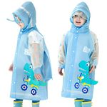 SNOWIE SOFT Knee Length Hooded Raincoat For Kids Wide Brim Hooded Raincoat Eva Student Raincoat With School Bag Rain Cover Cartoon Dinosaur Raincoat For 7-9 Years Old, Recommended Height 130-145 Cm