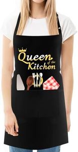 Funny Baker Apron for Mum, Kitchen of the Queen, Adjustable Black Apron with 2 Pockets, Gifts for Mom, Wife, Girlfriend, Mother's Day, Birthday, Christmas (Water Resistant)