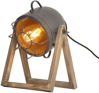 BarcelonaLED Lampe de table vintage design industriel gris avec projecteur orientable abat-jour cage métallique culot E27 et base en bois pour bureau, salon, chambre à coucher table de nuit