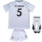 LULIDI Youth Sportswear Madrid Bellingham 5 Kids Home Soccer Jersey/Shorts Football Socks Set (White,24)