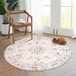 Lahome Washable Pink Round Rug 4ft,Boho Circle Kids Rug for Nursery and Girls,Small Floral Round Area Rug for Bedroom Living Room,Non-Slip Pastel Indoor Carpet for Playroom Floor Home Office Decor