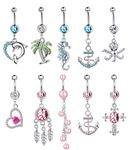 FIBO STEEL 9-10 Pcs Dangle Belly Button Rings for Women 316L Surgical Steel Curved Navel Barbell Body Jewelry Piercing, Stainless Steel,Steel