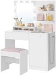 VASAGLE Vanity Desk with Mirror and Lights, 35.4-Inch Wide Makeup Vanity with Upholstered Vanity Stool, Power Outlets, Dimmable LED Lights, Storage Drawer, for Bedroom, Cloud White URDT128W01