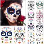 10 Sheets Halloween Face Temporary Tattoos, Day of the Dead Sugar Skull Skeleton Face Tattoos for Women Men Adult Kids