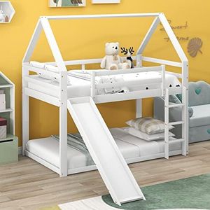 Letto a Castello 90 x 200 cm, Letto 90 x 200 cm per bambini a forma di casa, con Scivolo, con Protezione anticaduta e doghe, Bianco
