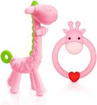 SHARE&CARE BPA Free 2 Silicone Giraffe Baby Teether Toy with Storage Case, for 3 Months Above Infant Sore Gums Pain Relief, Set of 2 Different Teething Toys (Pink)