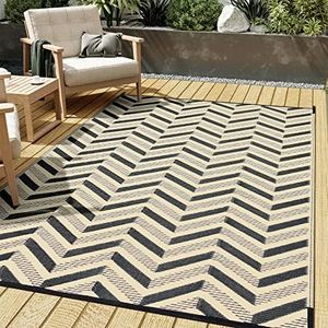 HUGEAR Outdoor Plastic Straw Rug, Waterproof Outdoor Rugs for Patios Clearance, Reversible Area Rug, Large Outside Carpet for Camping, Balcony, RV, Deck, Picnic, Beach (5x8ft Modern/Black&Brown)