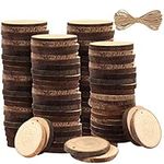 Kurtzy 100 Pack Unfinished Natural Wood Slices - 3-5cm Diameter & 5mm Thick - Predrilled Holes & 20m of Jute Twine - Small Rustic Circle Wooden Discs with Bark - Log Slices for Crafts & Decoration