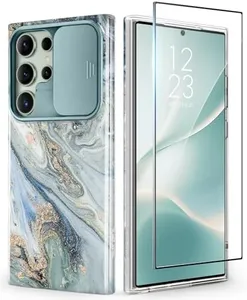 GVIEWIN for Samsung Galaxy S24 Ultra Case with Slide Camera Cover+Screen Protector, [Military Grade Shockproof] Marble Protective Slim & Tough Phone Case for S24 Ultra 6.8"(Ocean Tide/Green)